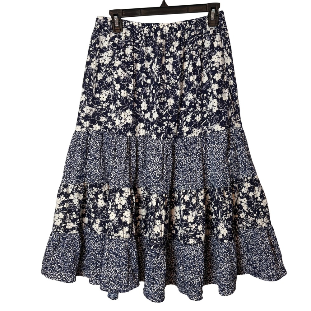 Susan Graver Floral Tiered Midi Skirt Navy White Size M Cottagecore Coastal